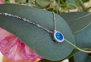 Petite Blue Opal and Diamond Halo Necklace