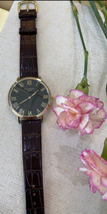 Black Dial Gold Toned Brown Leather Watch