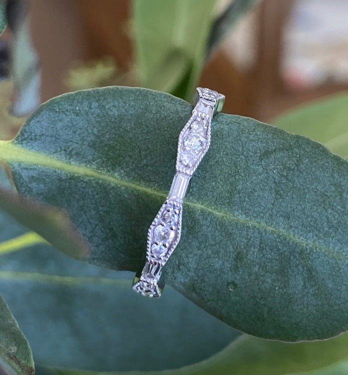 Unique Baguette & Round Geometric Diamond Band with Milgrain