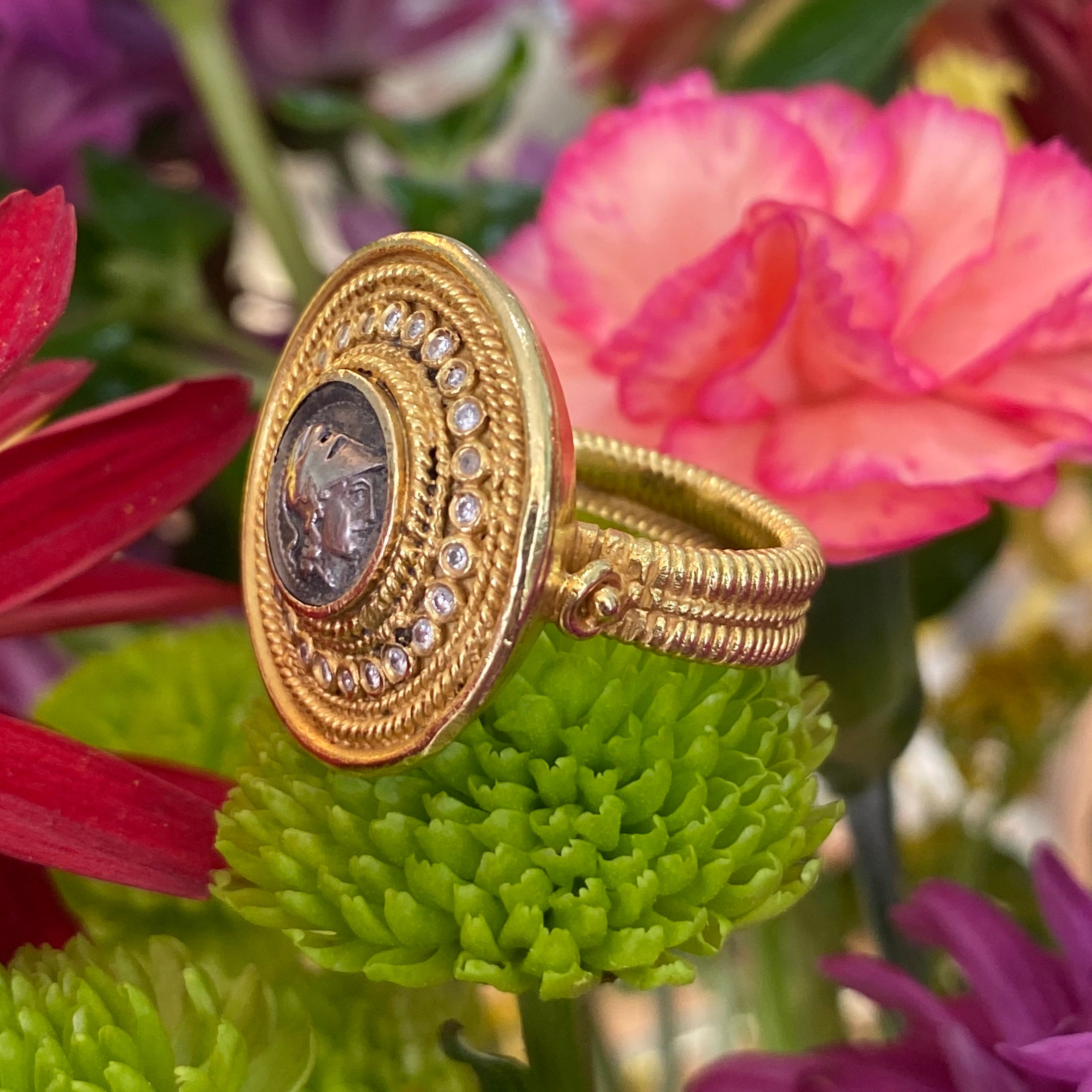 Vintage Statement Diamond Coin Ring in 18K Yellow Gold