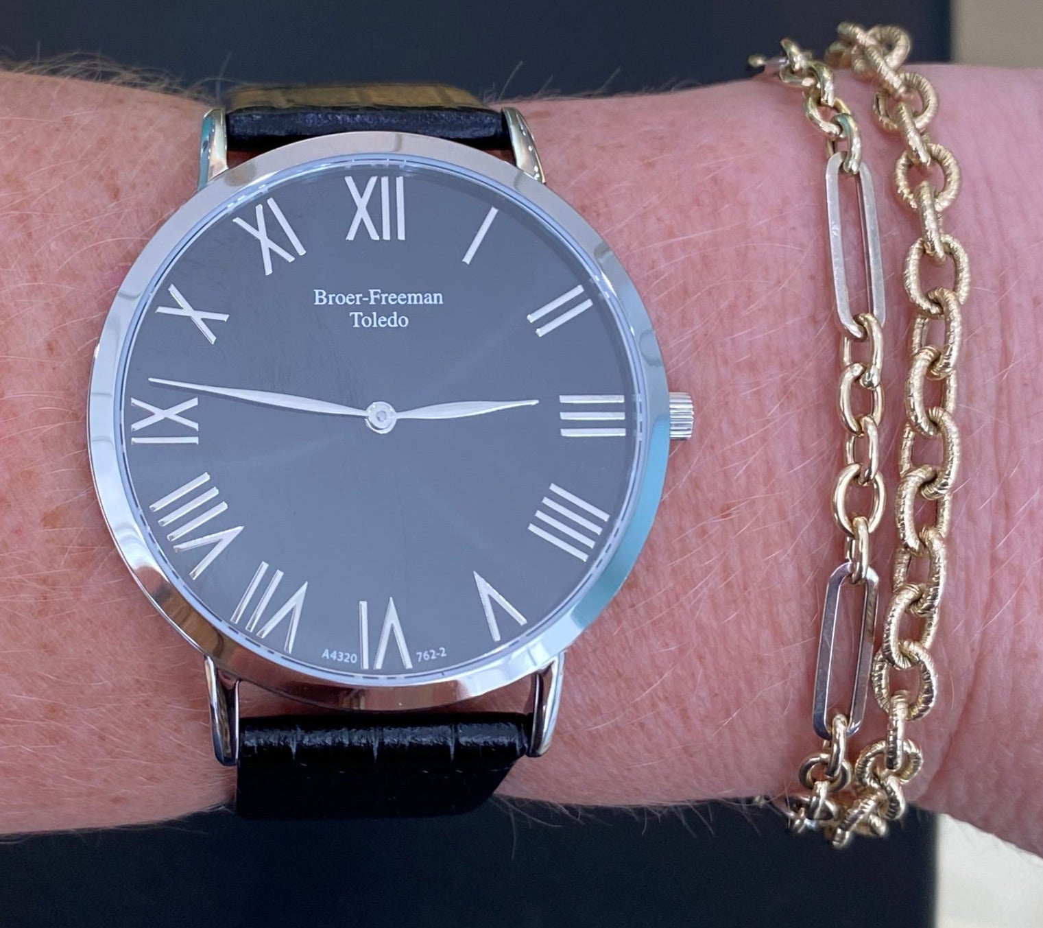 Black Dial Silver Toned Leather Watch