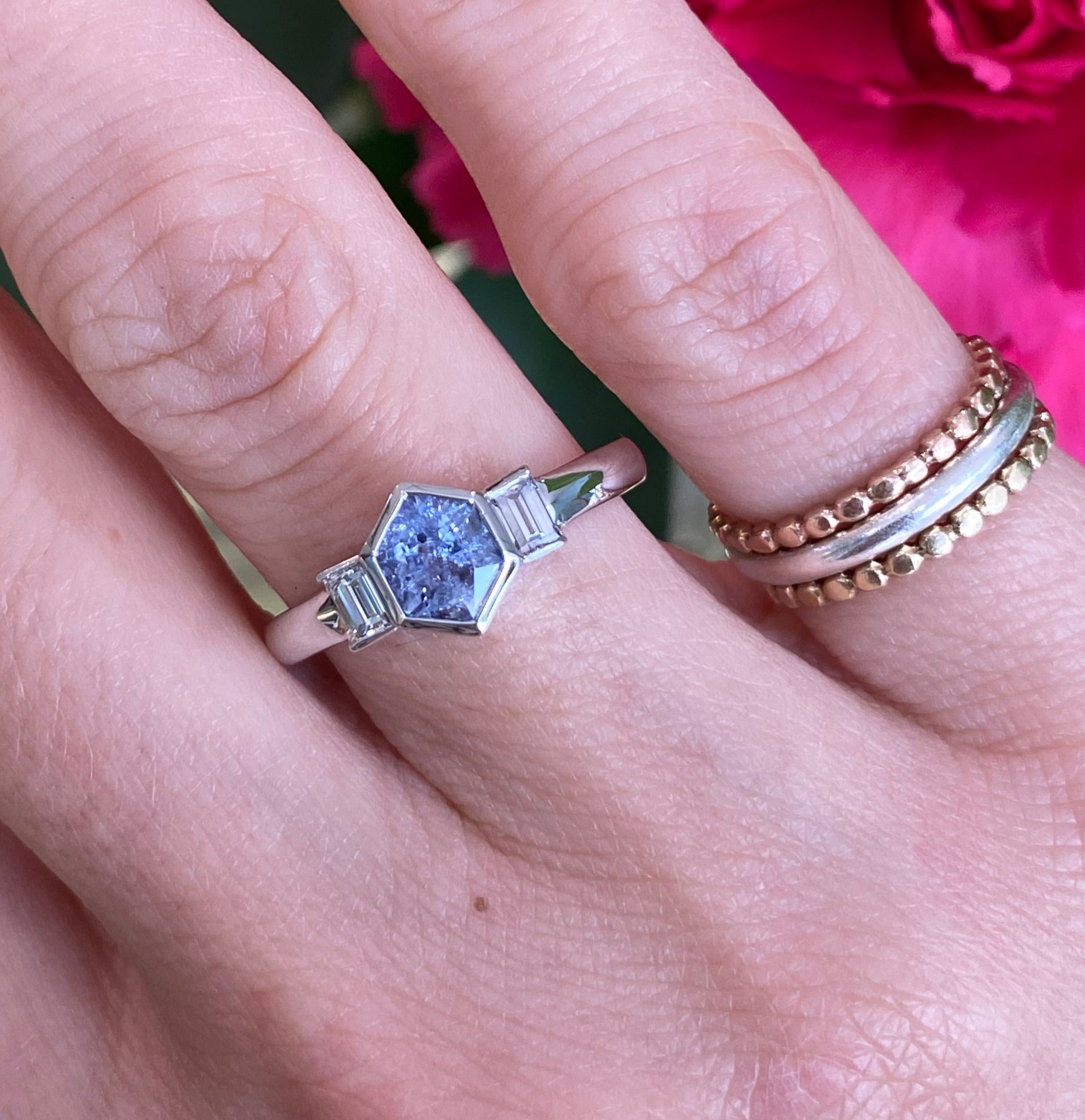 Pale Blue Sapphire & Baguette Diamond Ring