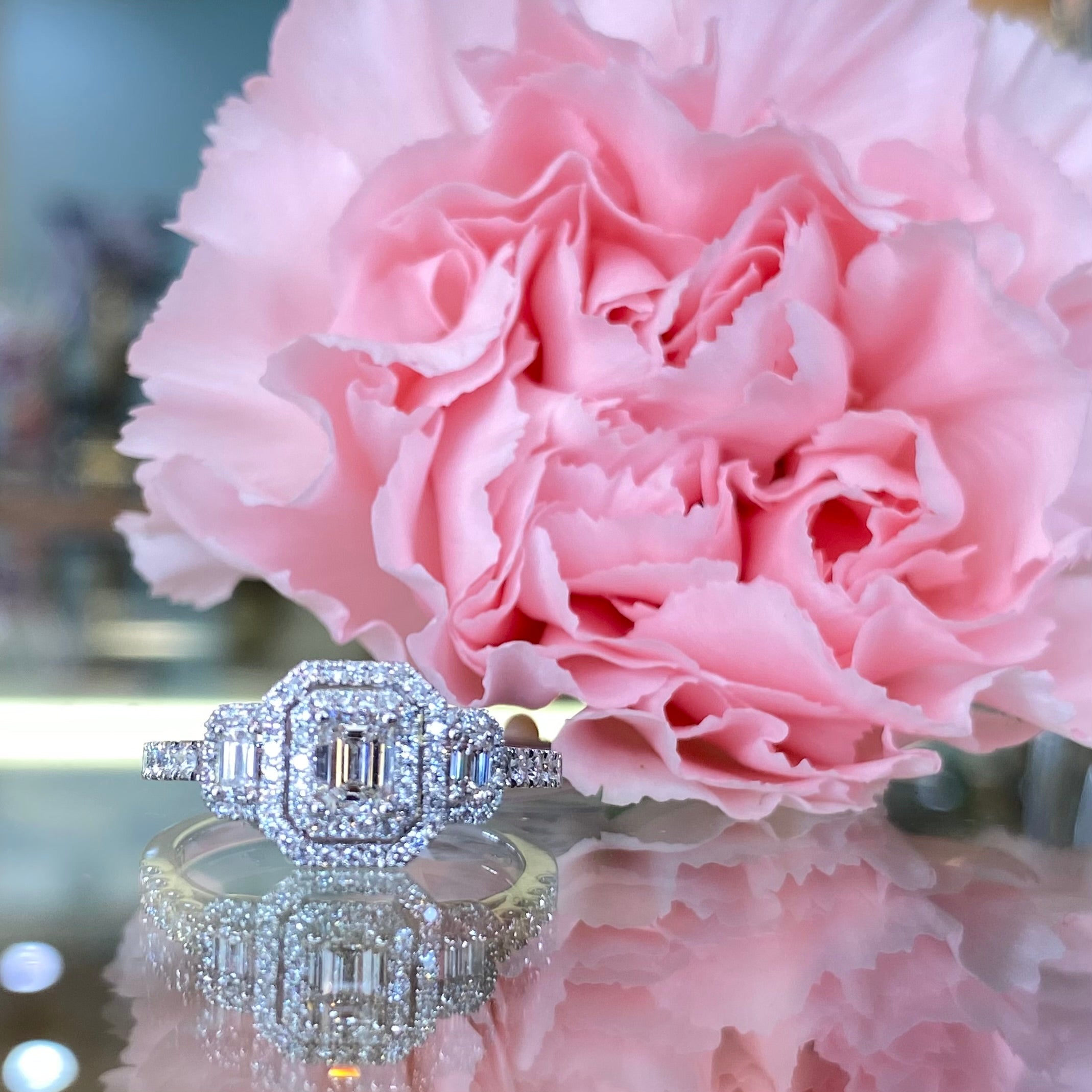 Mosaic Emerald Cut Three Stone Diamond Ring in 14k White Gold