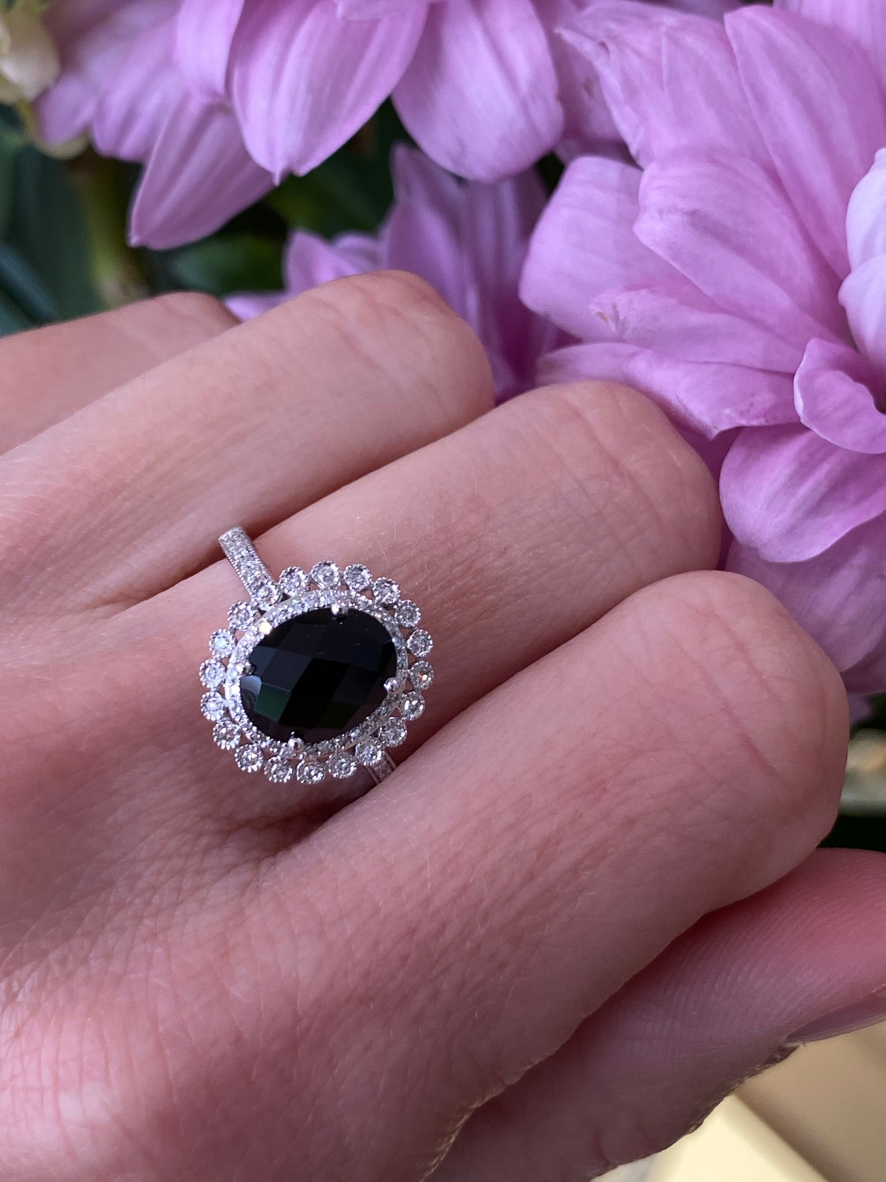 Black Onyx and Diamond Ring in White Gold