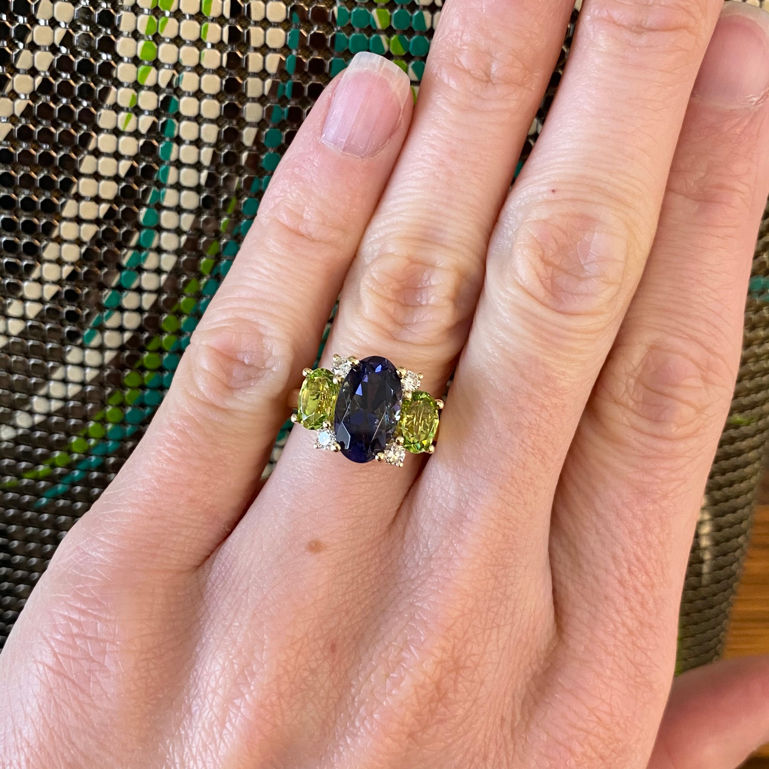 Oval Iolite, Peridot & Diamond Ring in 18K Yellow Gold