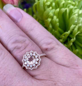 Rose Gold Round Cut Morganite And Ruffle Halo Ring