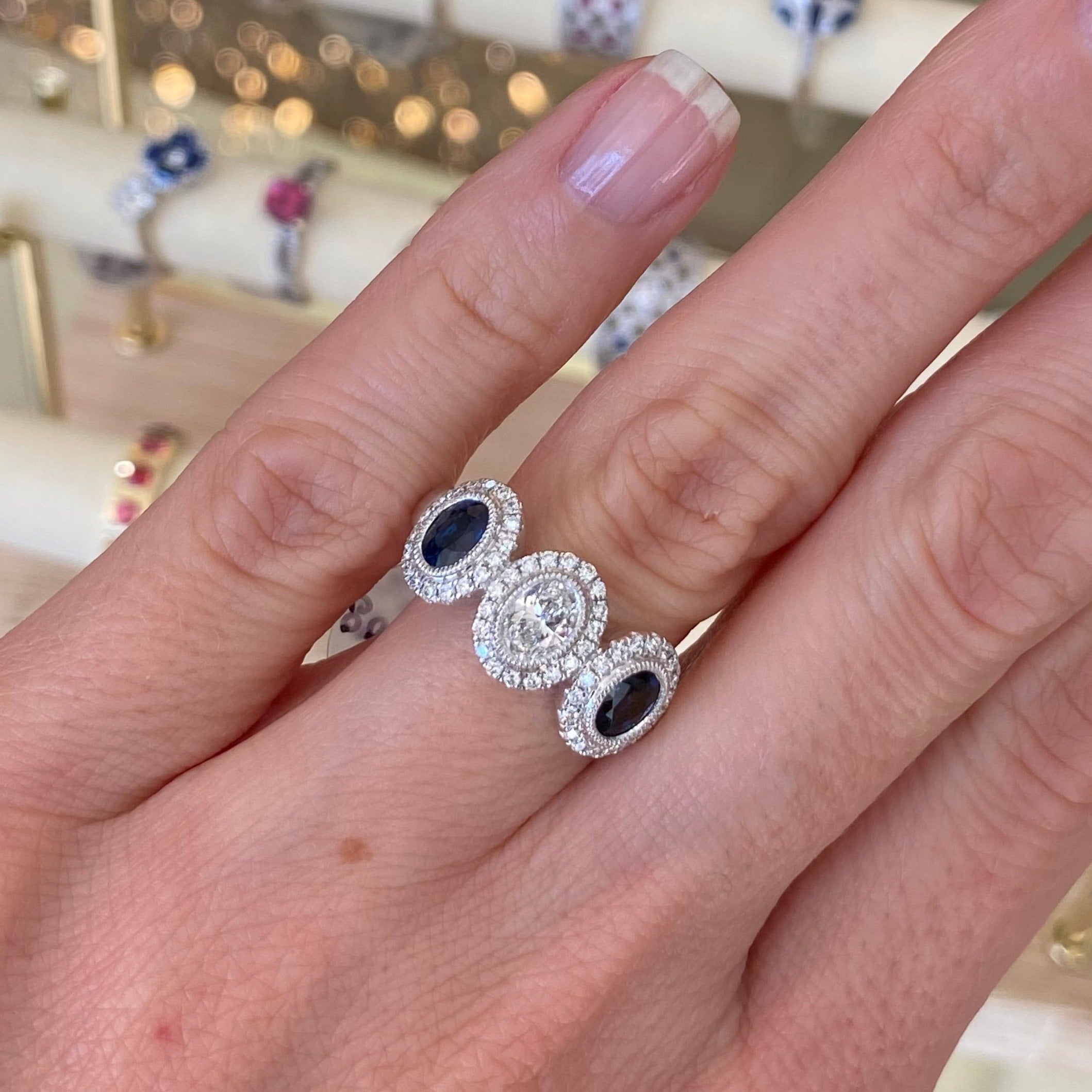 Oval Diamond & Sapphire Three Stone Ring