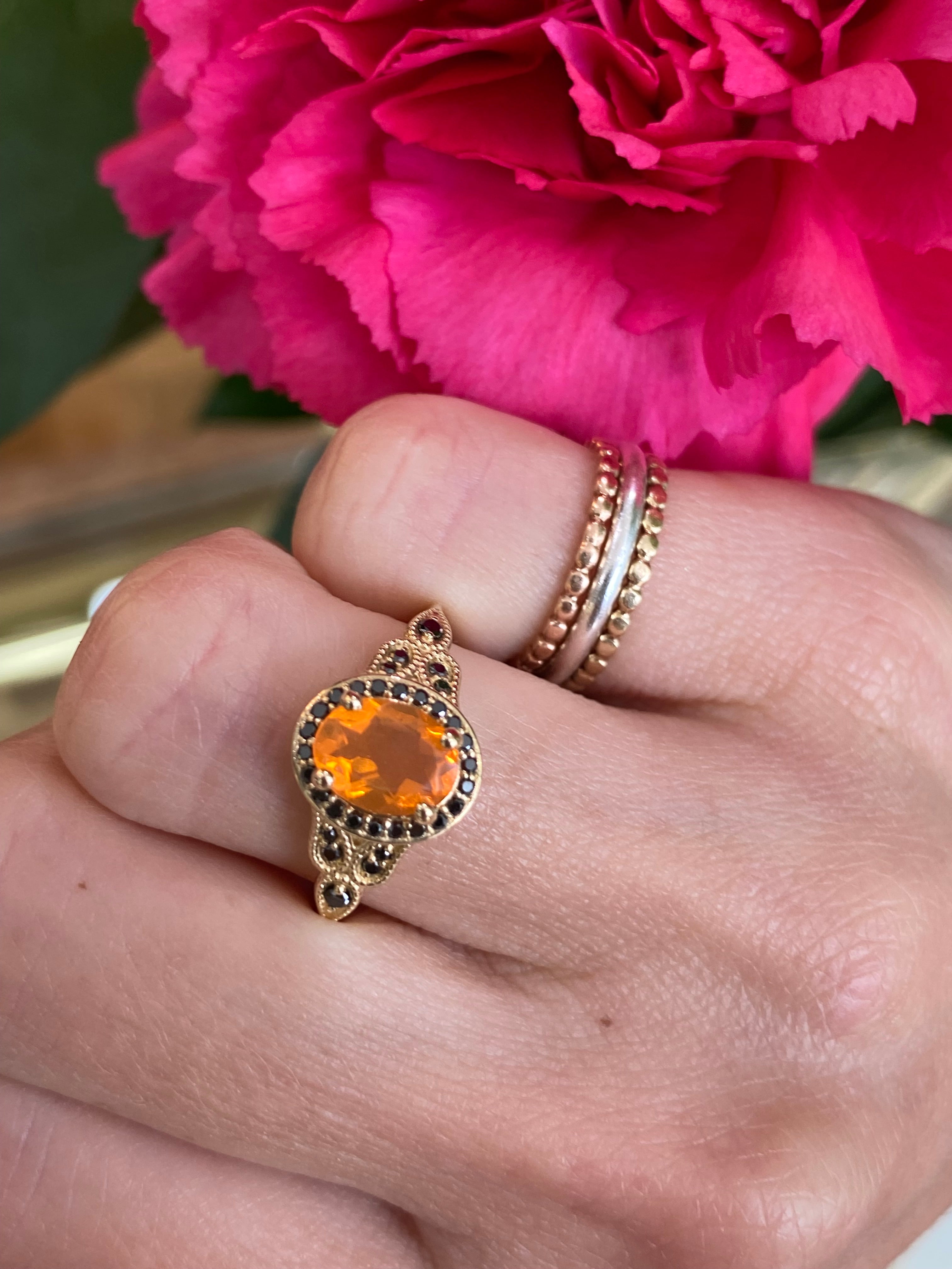 Fire Opal & Black Diamond Yellow Gold Ring